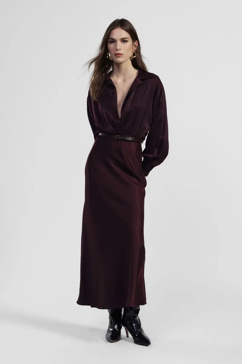 Abito lungo con cintura e colletto classico miniatura 2