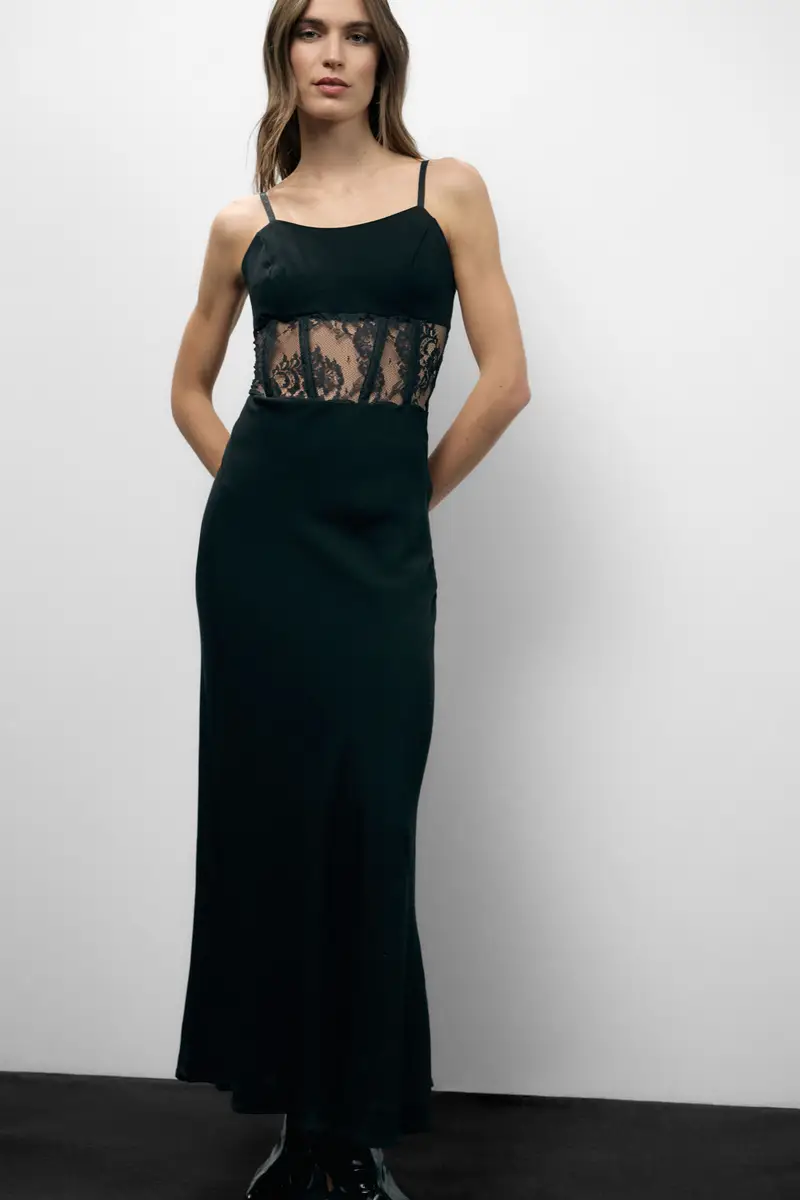 Abito lungo con inserti in pizzo e spalline sottili miniatura 2