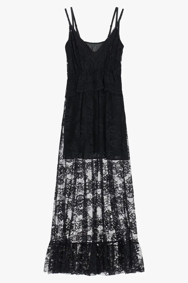 Abito lungo con pizzo e balza sul fondo