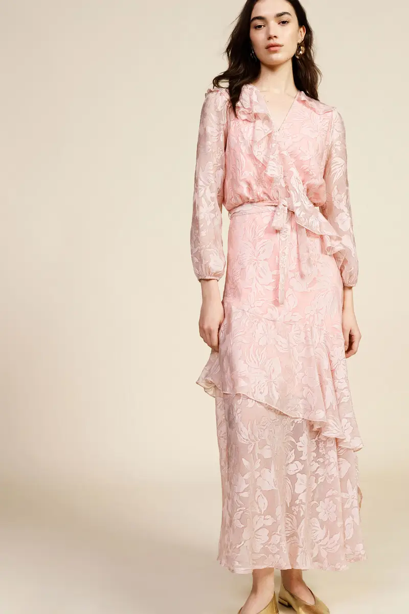 Abito lungo con stampa floreale e balze miniatura 2