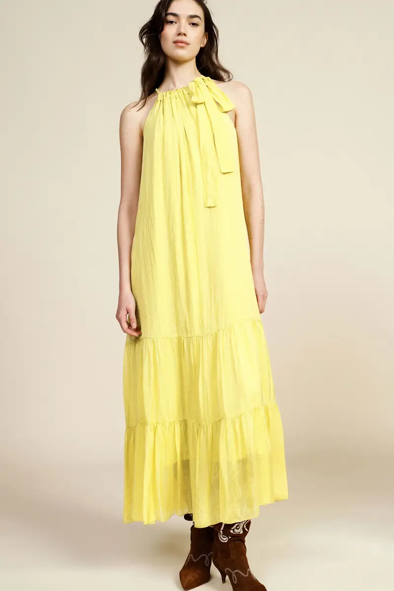 Abito lungo senza maniche con balze e scollo allacciato miniatura 2