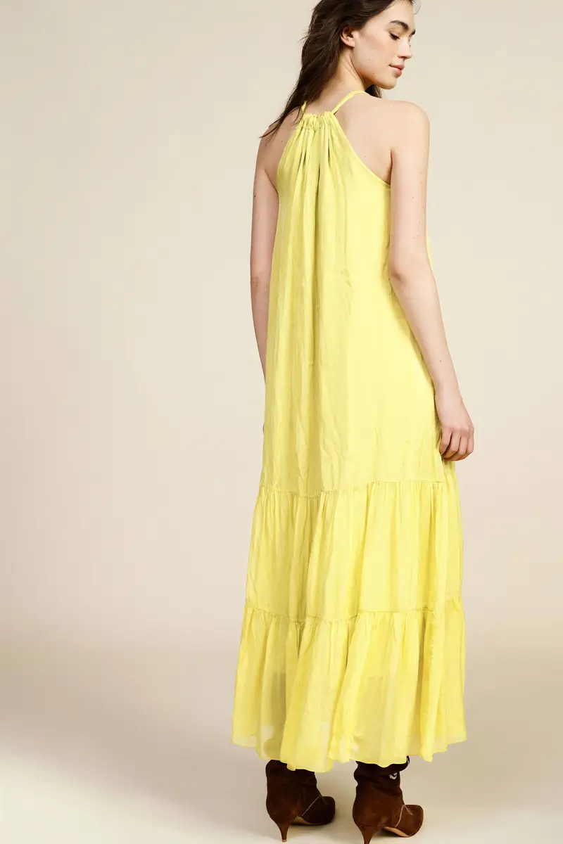 Abito lungo senza maniche con balze e scollo allacciato miniatura 3