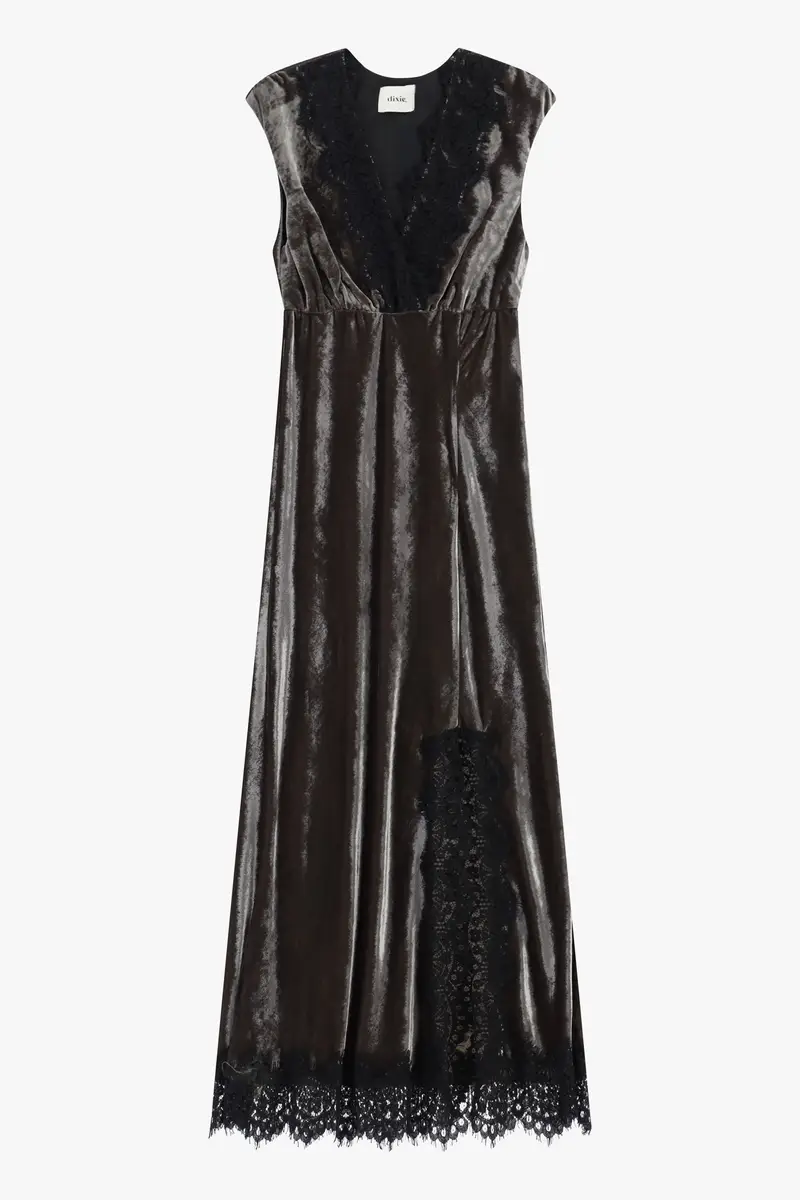 Abito lungo senza maniche con pizzo decorativo