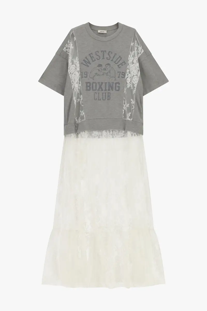 Abito lungo stampa college inserti pizzo trasparente