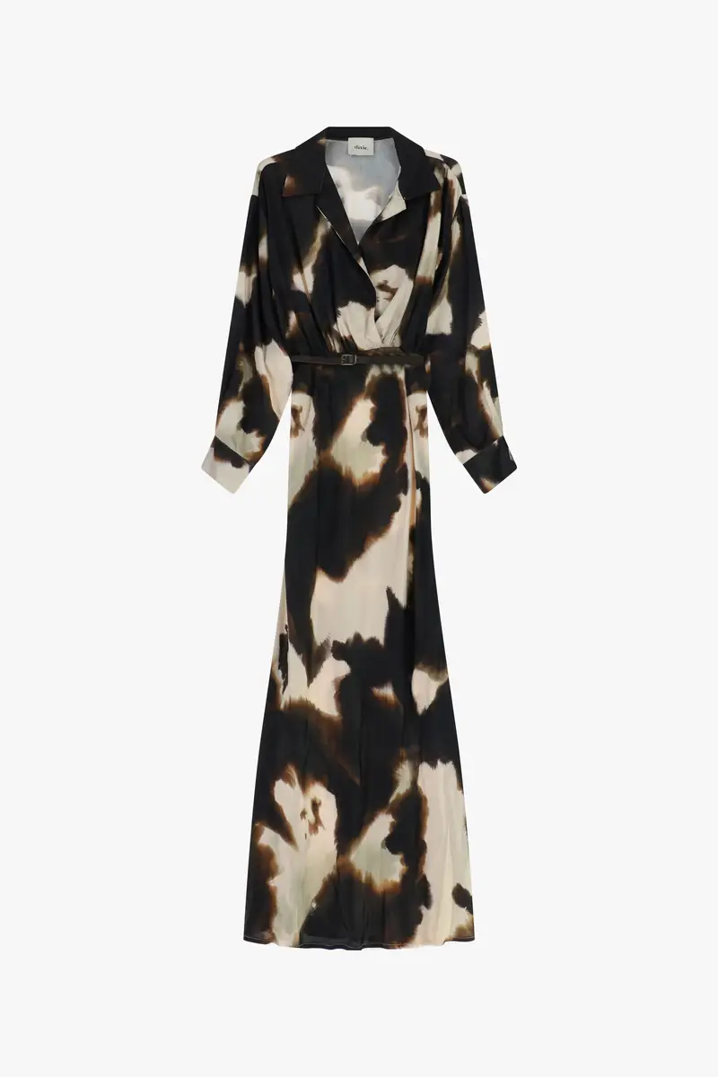 Abito lungo stampa fantasia con cintura e colletto