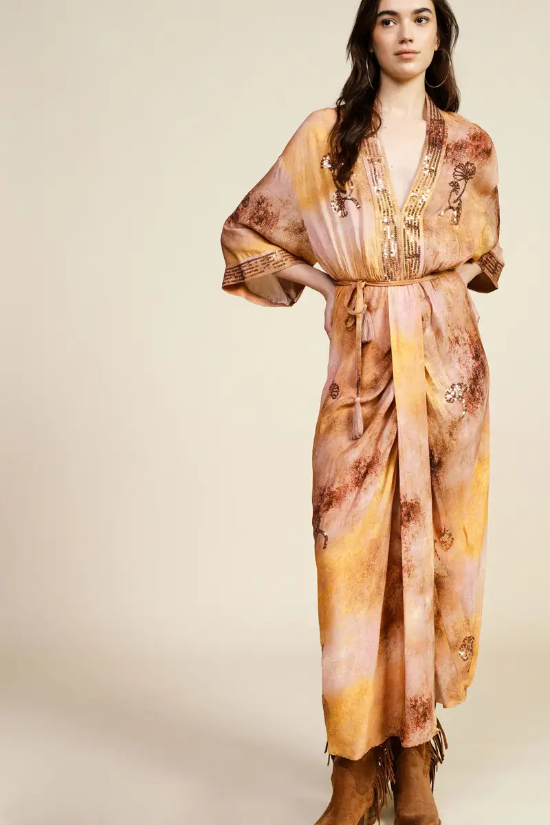 Abito lungo stampa fantasia con cintura e paillettes miniatura 2