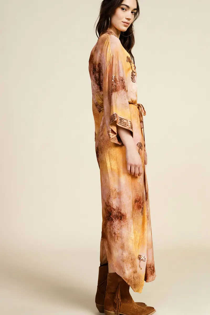 Abito lungo stampa fantasia con cintura e paillettes miniatura 3