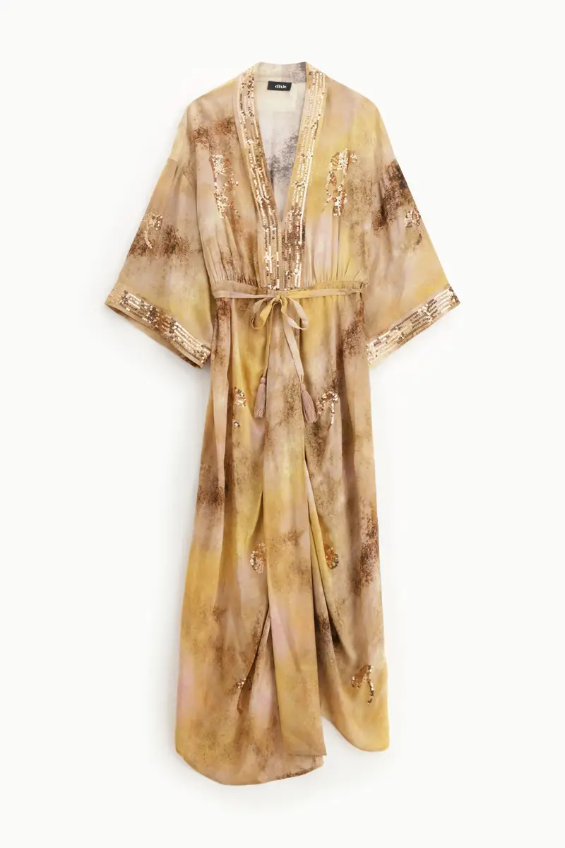 Abito lungo stampa fantasia con cintura e paillettes