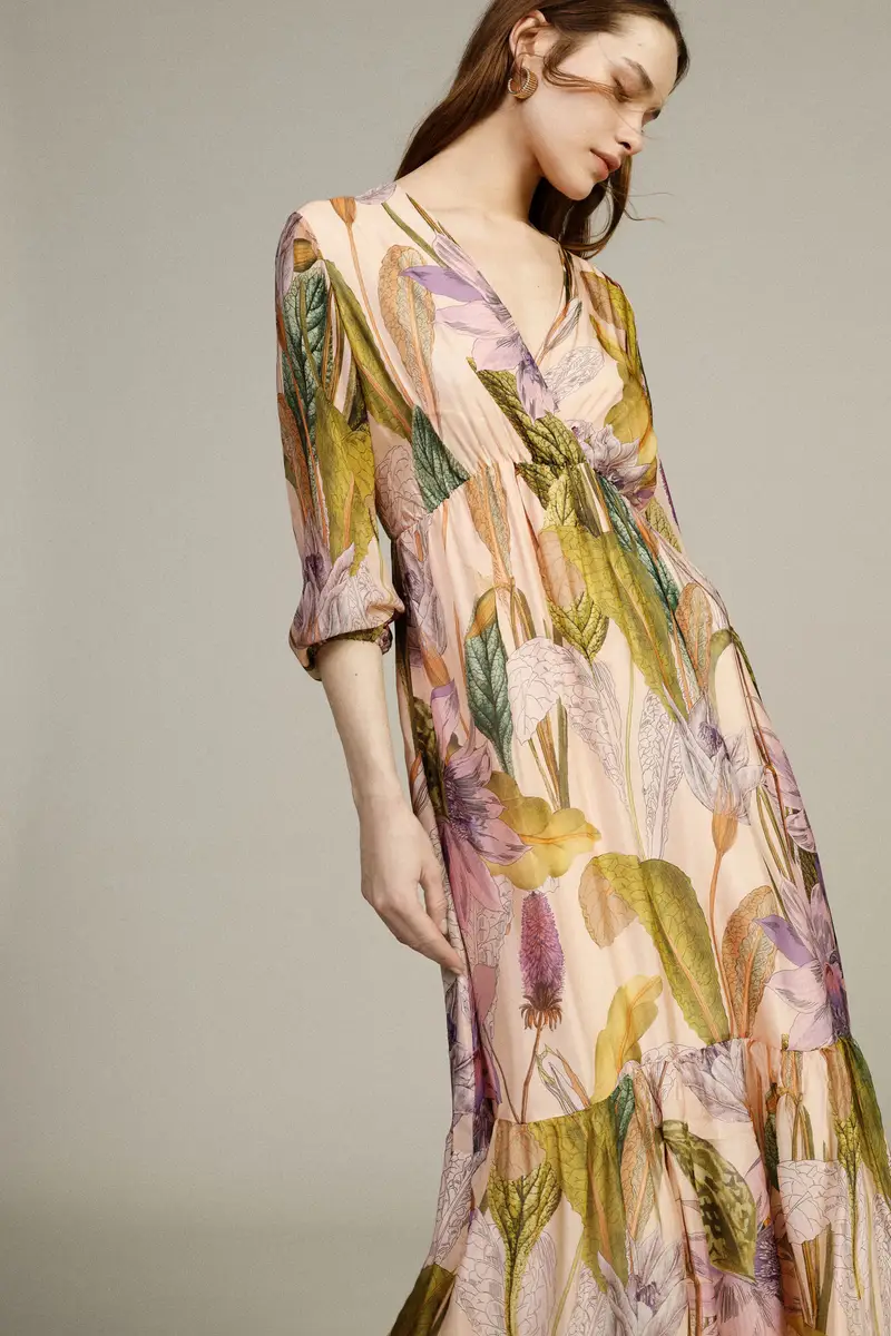 Abito lungo stampa floreale scollo a v maniche 3/4 miniatura 2
