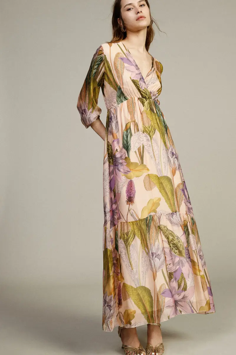 Abito lungo stampa floreale scollo a v maniche 3/4 miniatura 3
