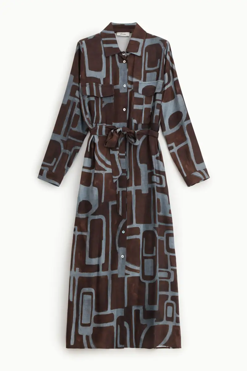 Abito lungo stampa geometrica con cintura