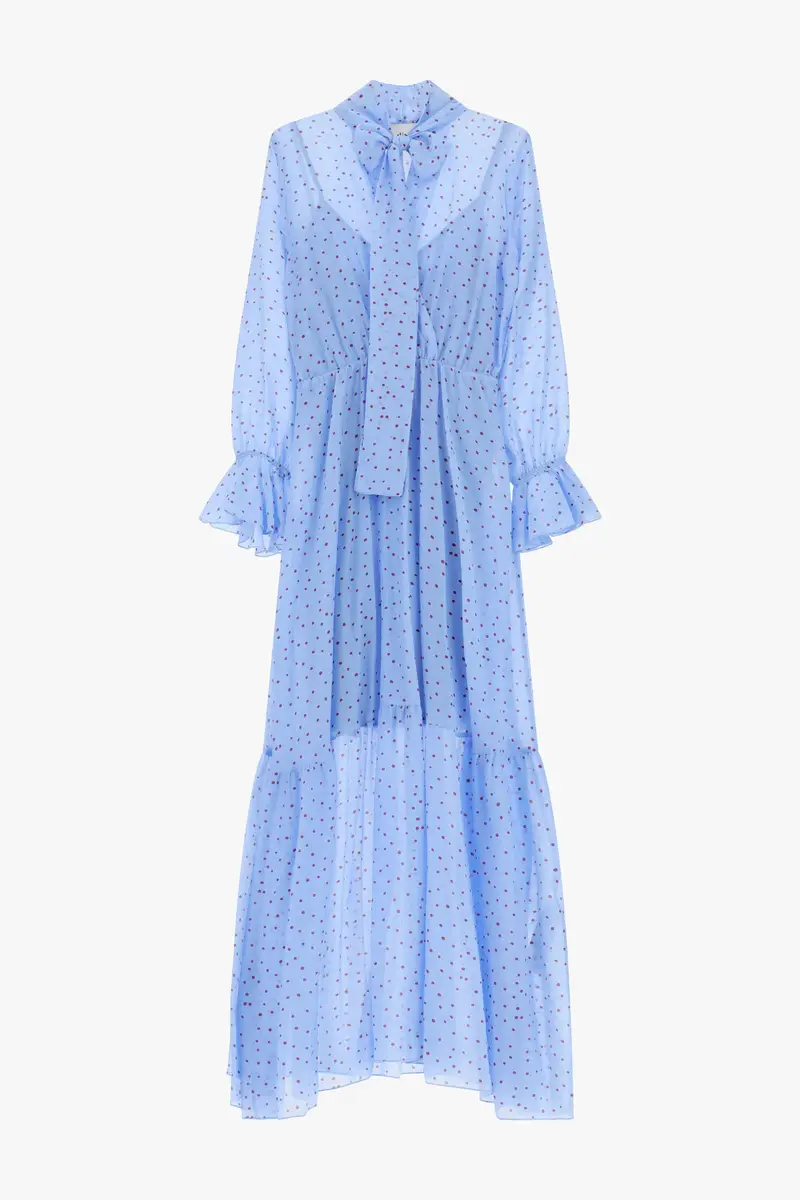 Abito lungo stampa micro pois con fiocco