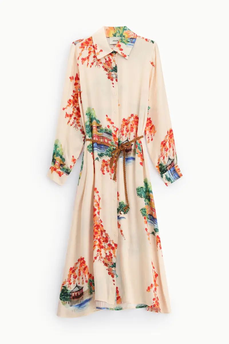 Abito lungo stampa paesaggio cintura intrecciata