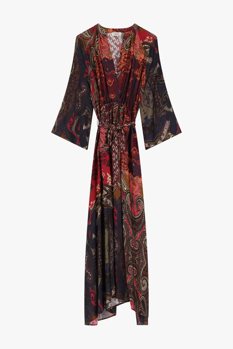 Abito lungo stampa paisley con scollo a v