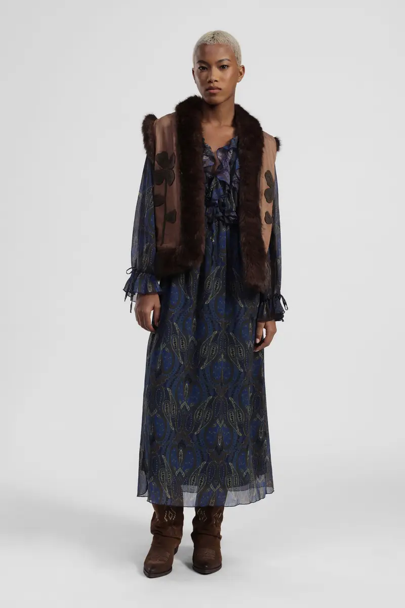 Abito lungo stampa paisley con volant e maniche trasparenti miniatura 2