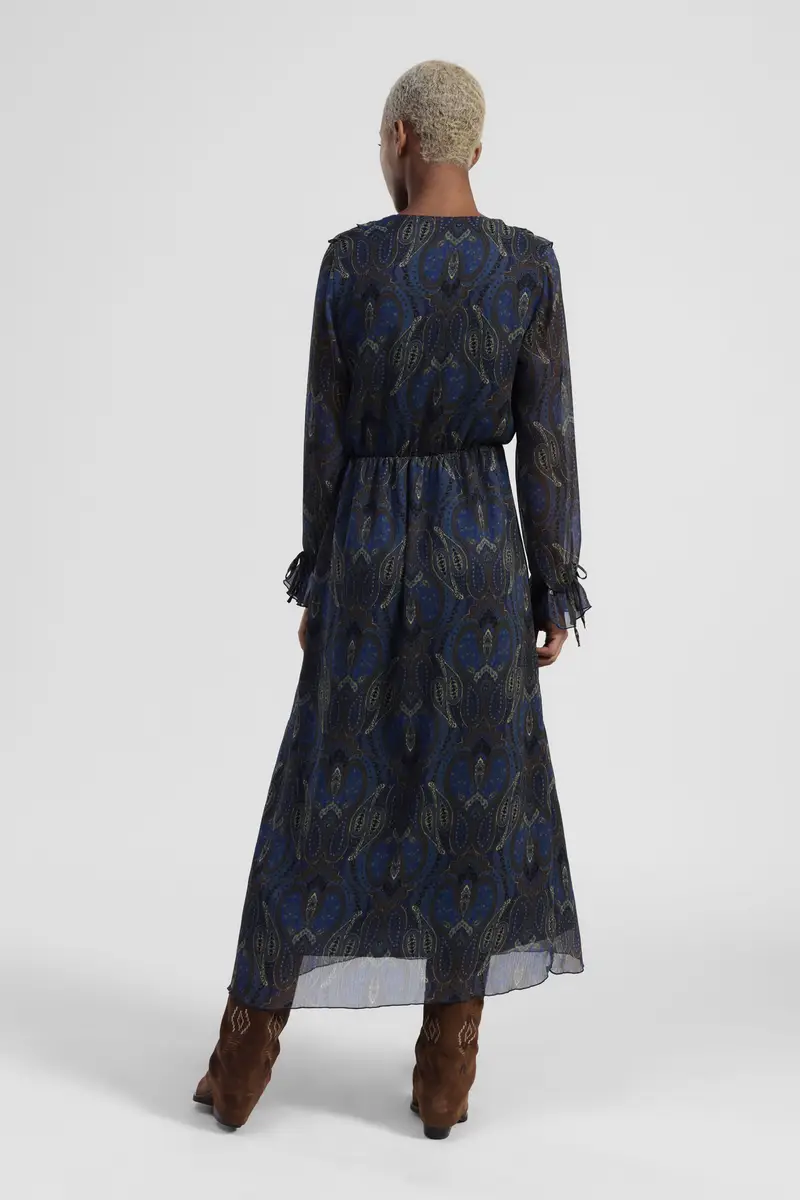 Abito lungo stampa paisley con volant e maniche trasparenti miniatura 3