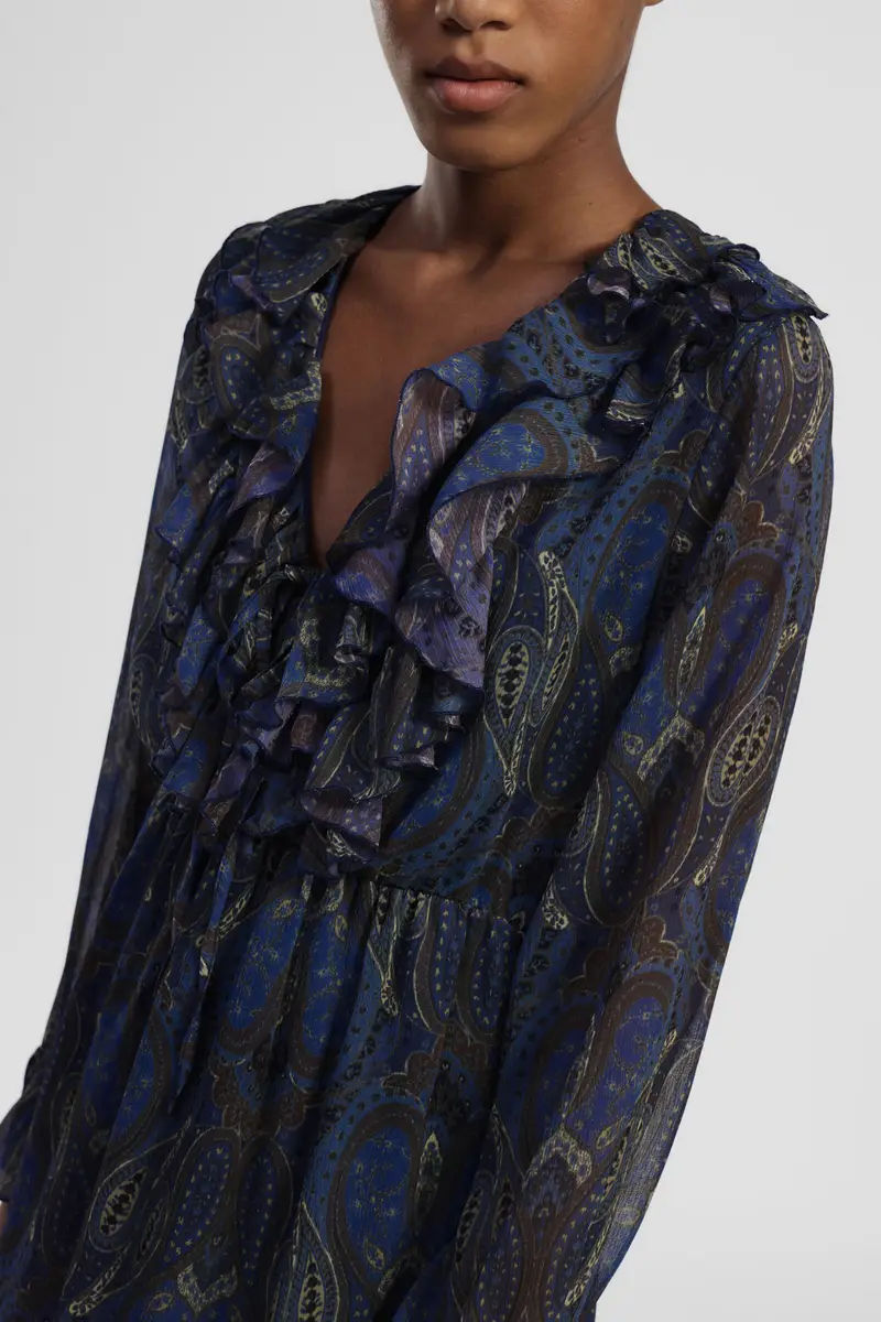 Abito lungo stampa paisley con volant e maniche trasparenti miniatura 4