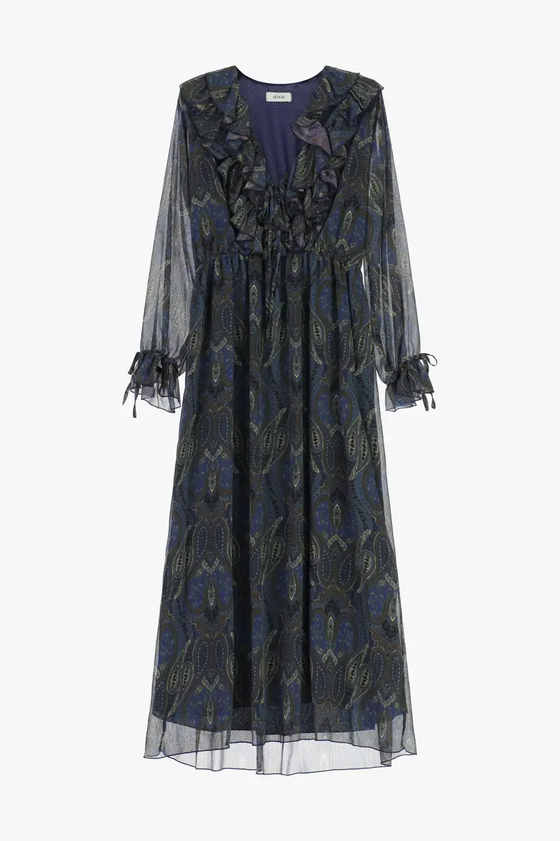 Abito lungo stampa paisley con volant e maniche trasparenti