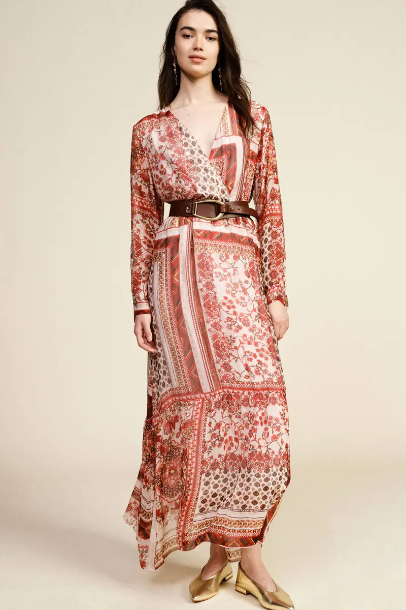 Abito lungo stampa patchwork scollo a v miniatura 2