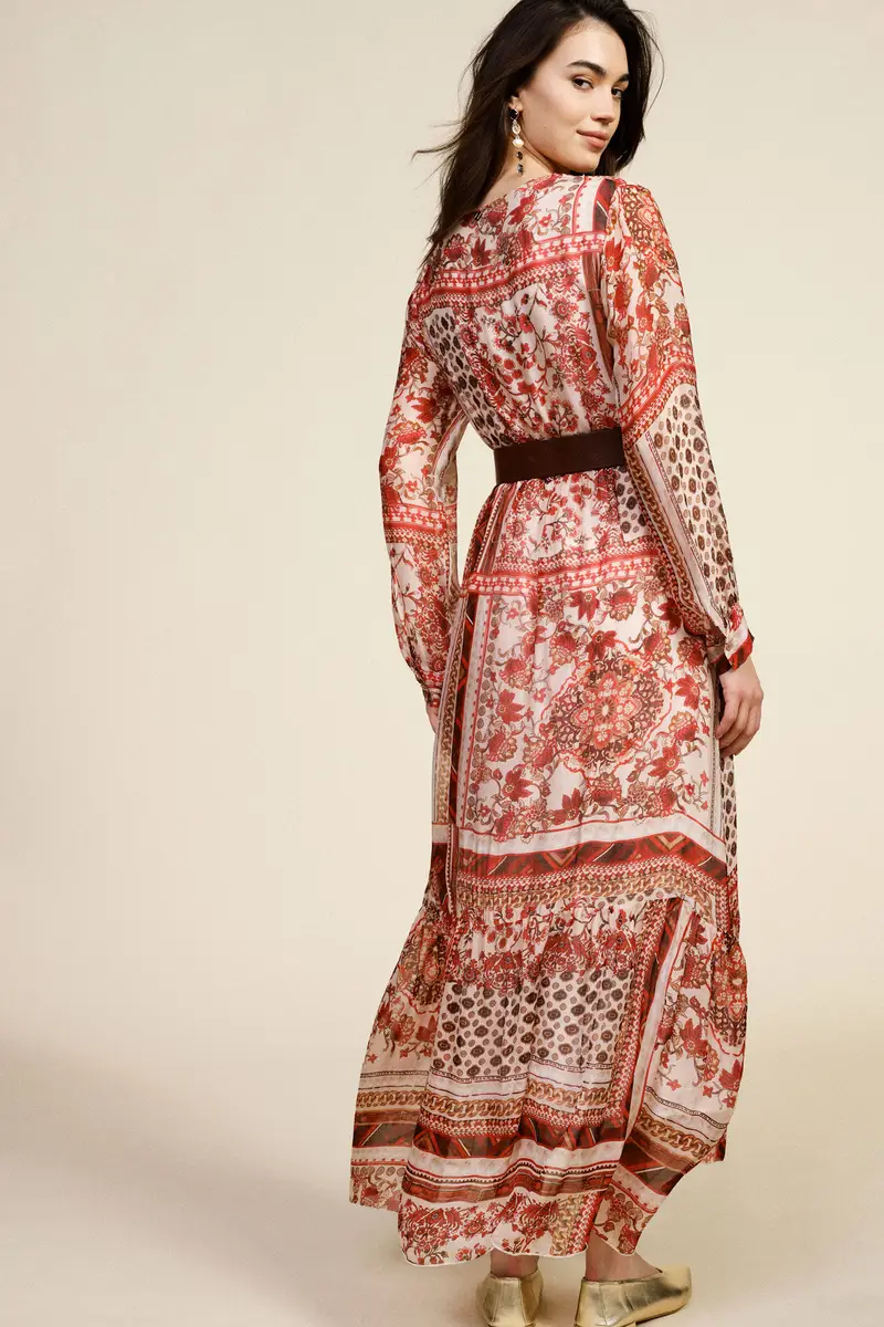 Abito lungo stampa patchwork scollo a v miniatura 3