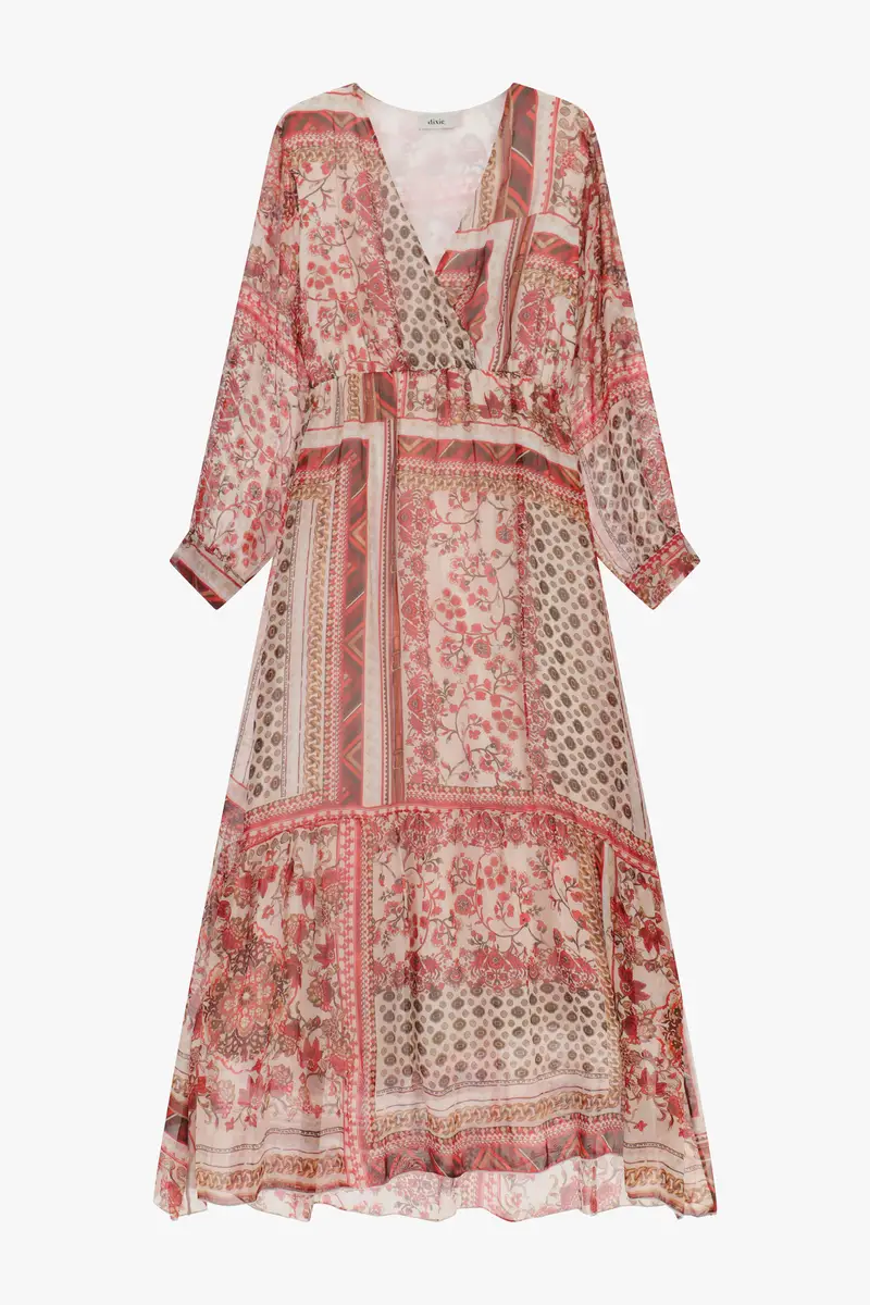 Abito lungo stampa patchwork scollo a v