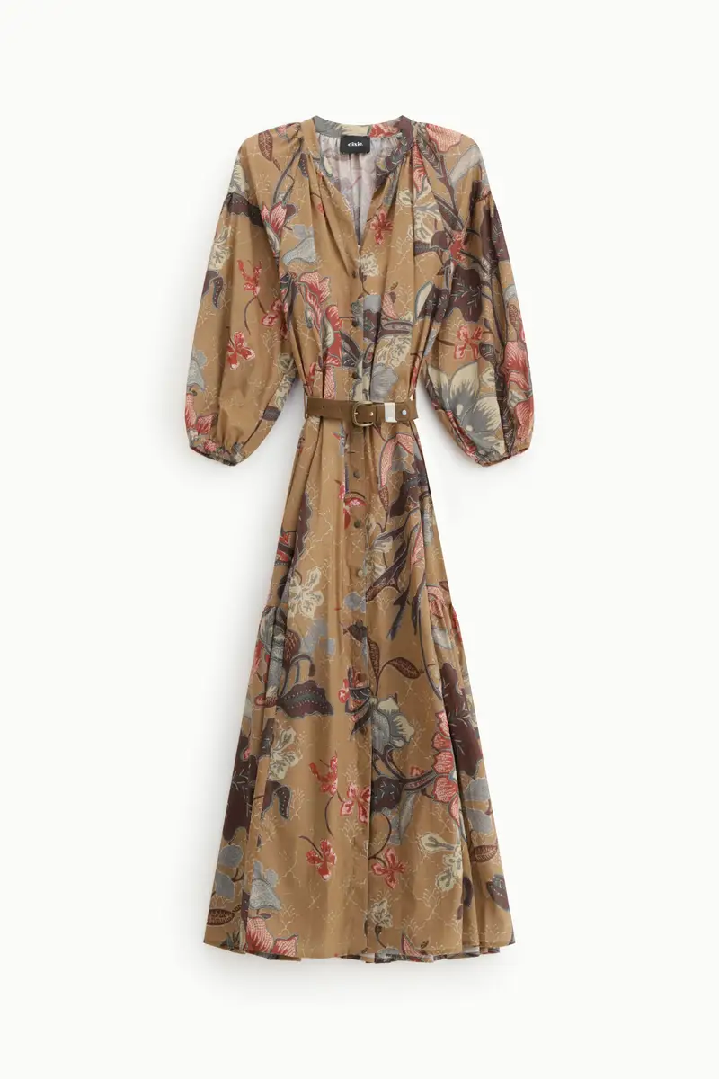 Abito lungo stampato con bottoni e cintura