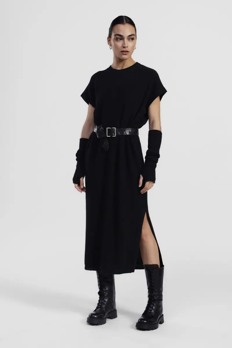 Abito midi a coste con spacco laterale miniatura 2