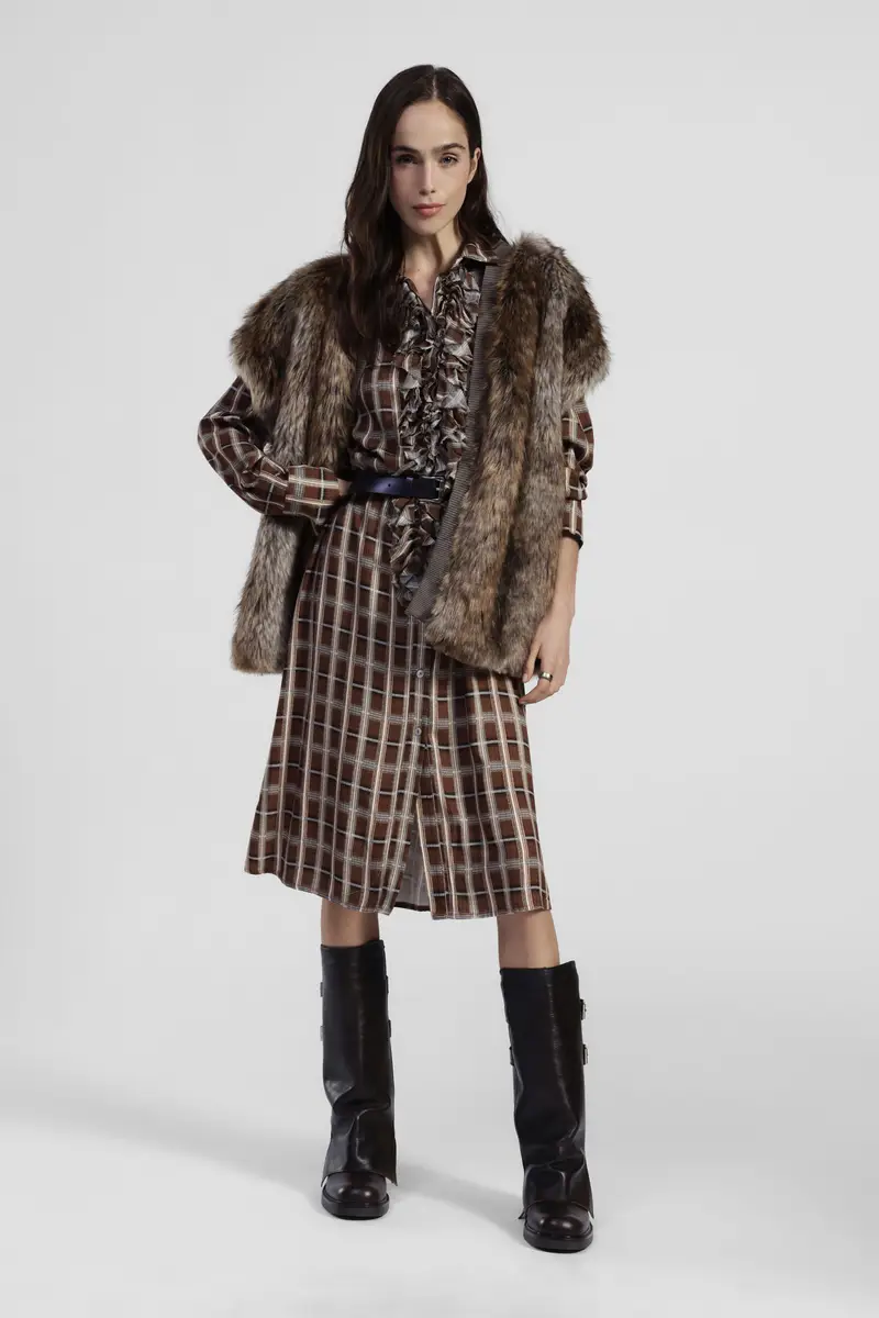 Abito midi a quadri con bottoni e cintura miniatura 2