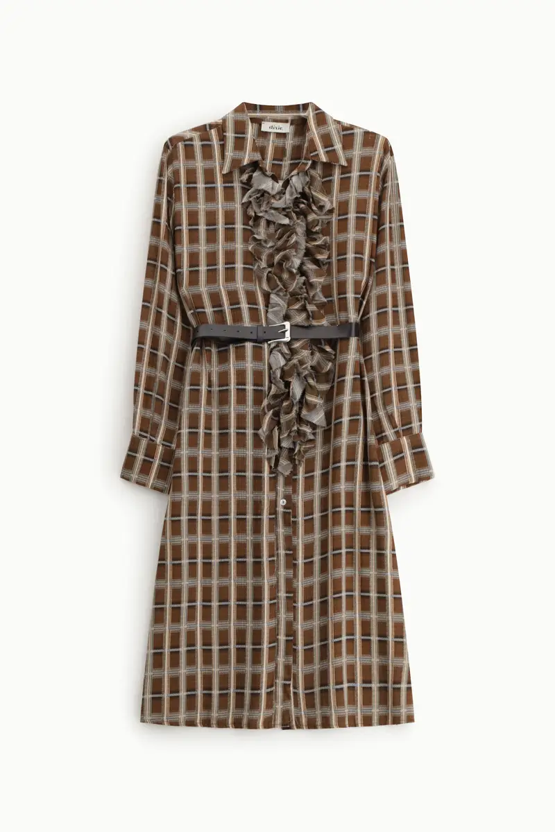 Abito midi a quadri con bottoni e cintura