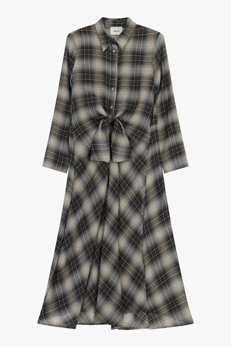 Abito midi a quadri con fiocco in vita e colletto classico