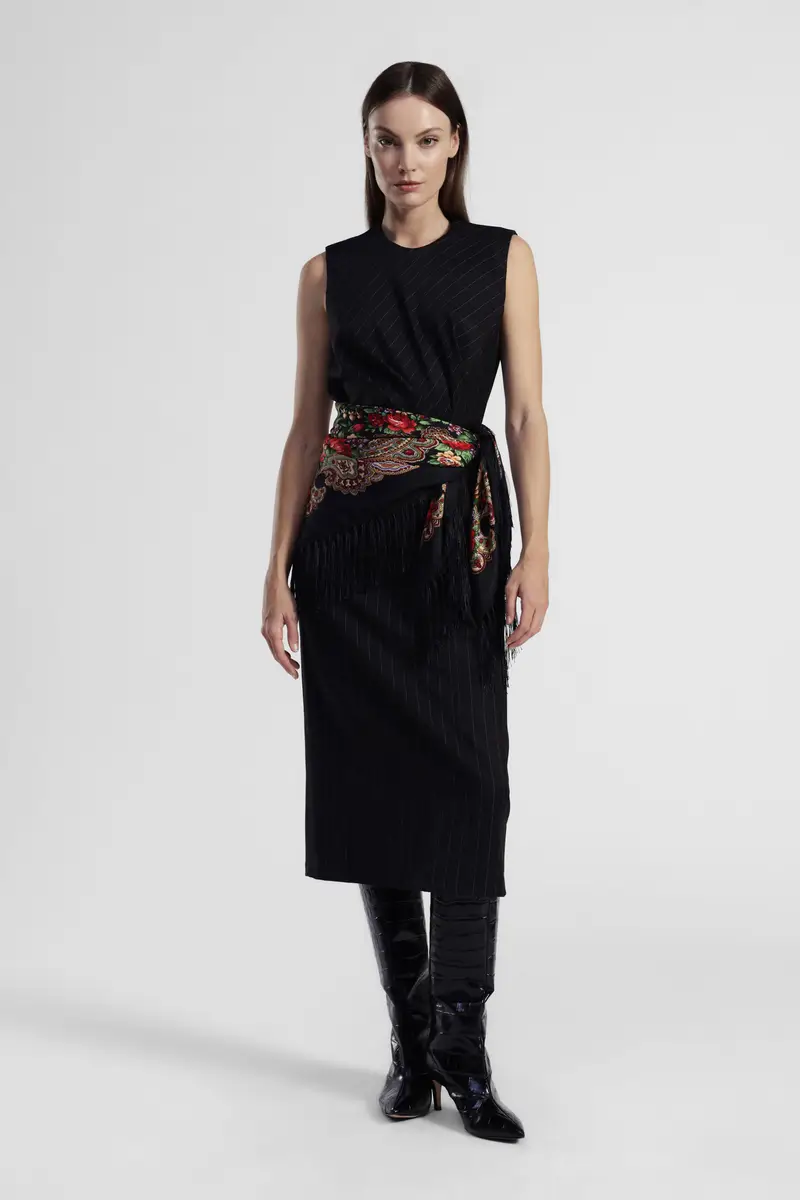 Abito midi a righe senza maniche con fascia stampata miniatura 2