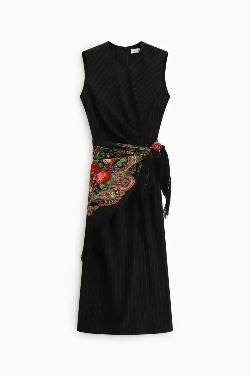 Abito midi a righe senza maniche con fascia stampata