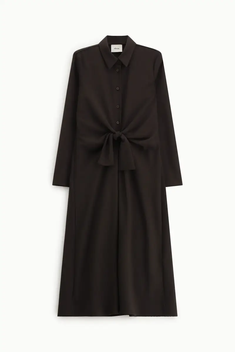 Abito midi con cintura annodata e colletto classico