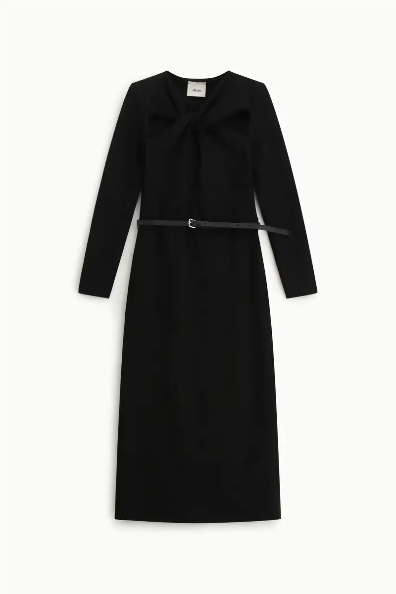 Abito midi con cintura e scollo asimmetrico