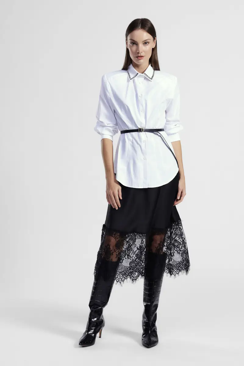 Abito midi con colletto applicato e merletto a contrasto miniatura 2