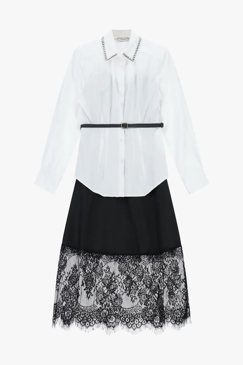 Abito midi con colletto applicato e merletto a contrasto
