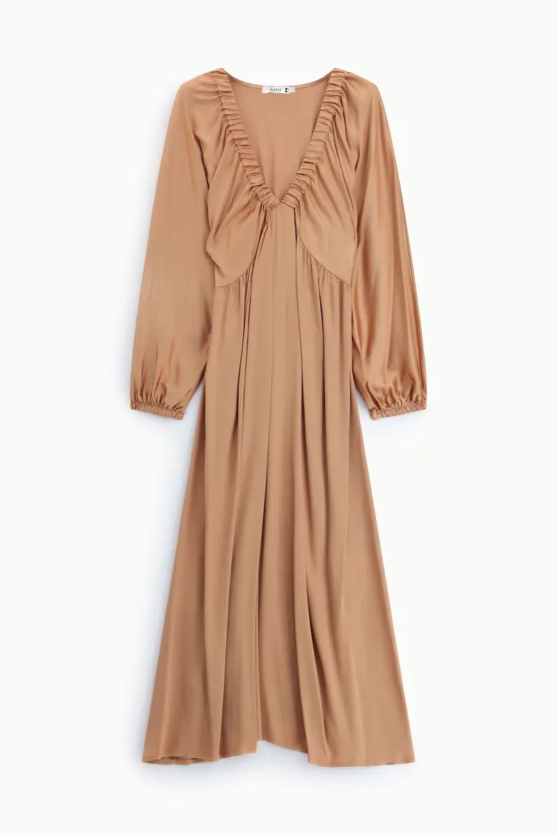 Abito midi con maniche lunghe e scollo arricciato