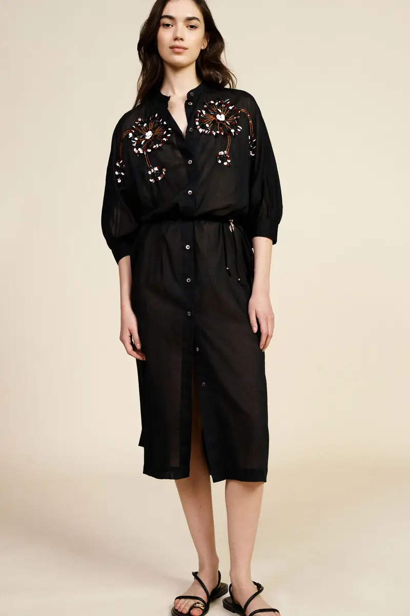 Abito midi con maniche tre quarti, ricamo floreale miniatura 2