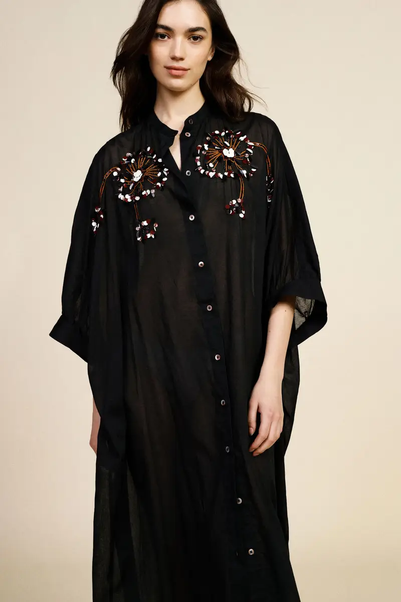 Abito midi con maniche tre quarti, ricamo floreale miniatura 4