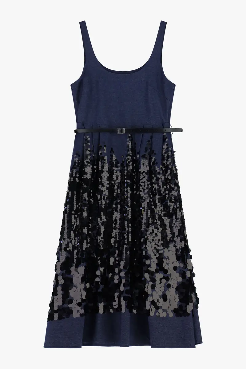 Abito midi con spalline e paillettes a contrasto