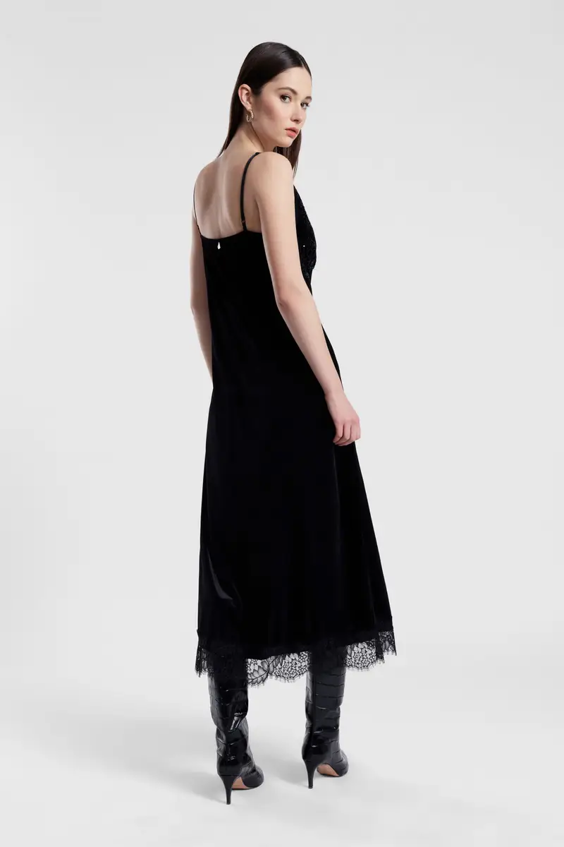 Abito midi con spalline, scollo a v e pizzo miniatura 3