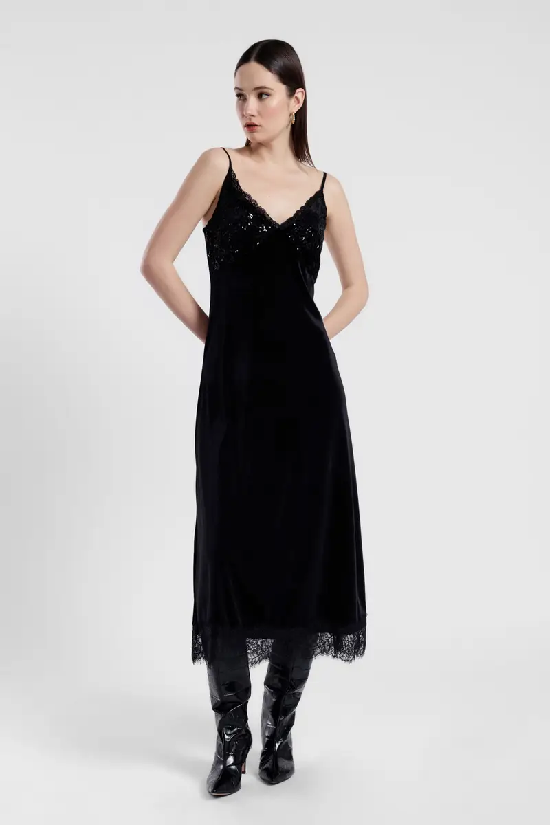 Abito midi con spalline, scollo a v e pizzo miniatura 2