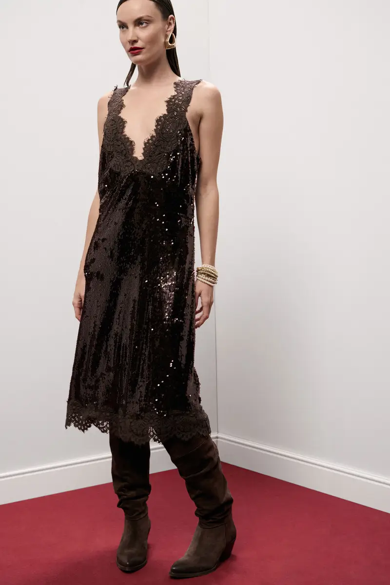 Abito midi paillettes con scollo a v e bordo in pizzo miniatura 2