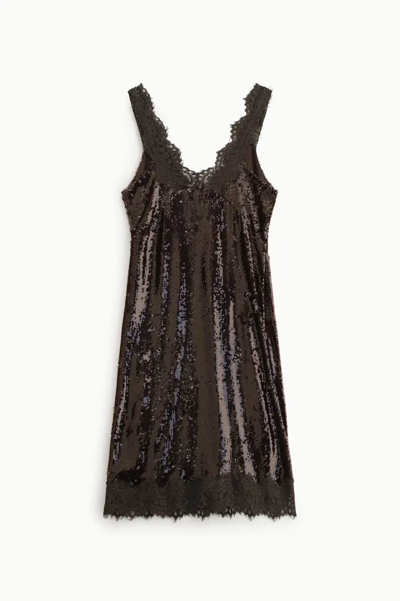 Abito midi paillettes con scollo a v e bordo in pizzo