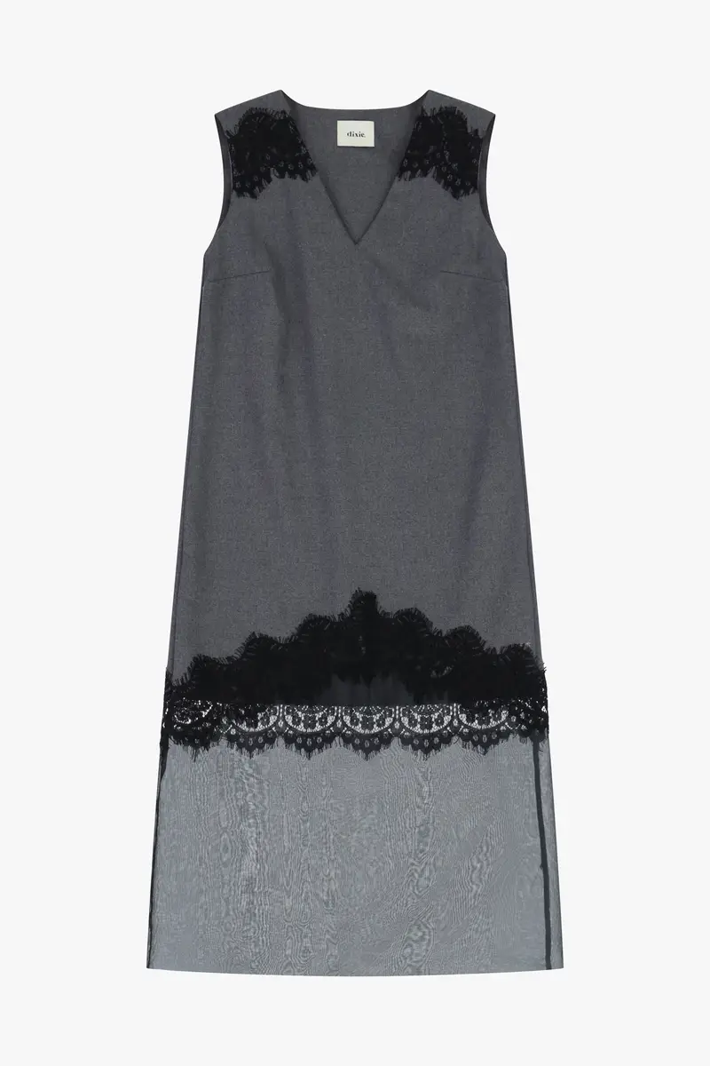 Abito midi senza maniche con pizzo a contrasto