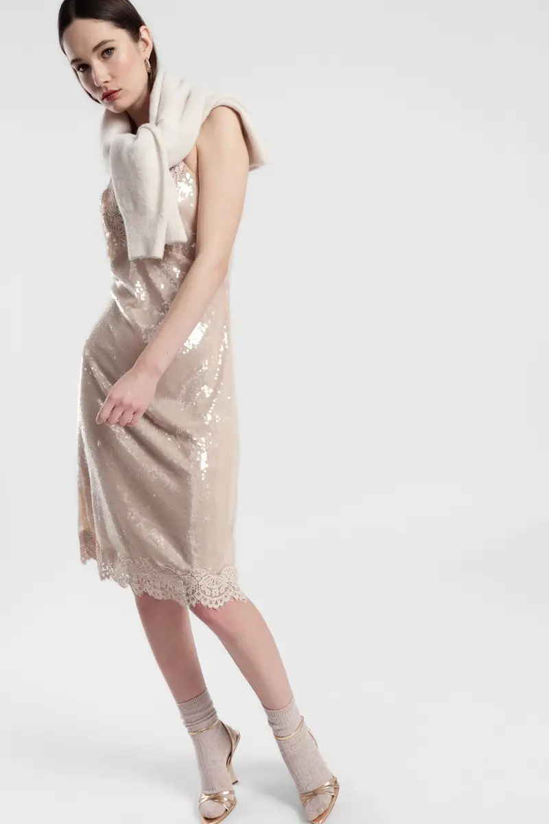 Abito midi senza maniche con pizzo e paillettes miniatura 2