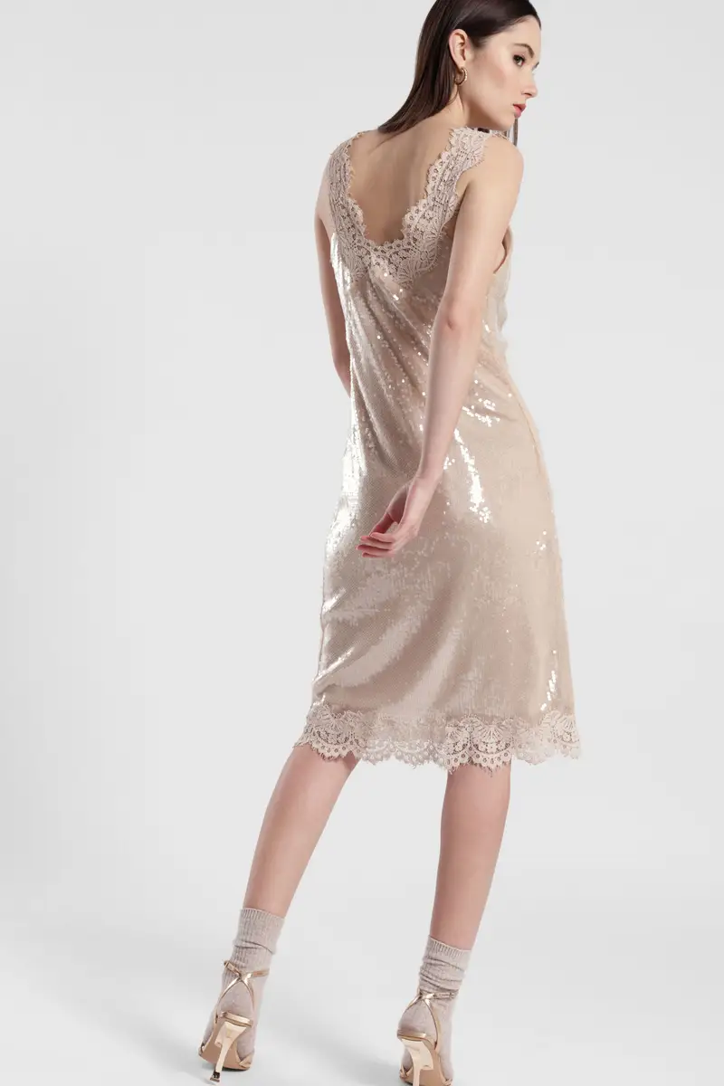 Abito midi senza maniche con pizzo e paillettes miniatura 3