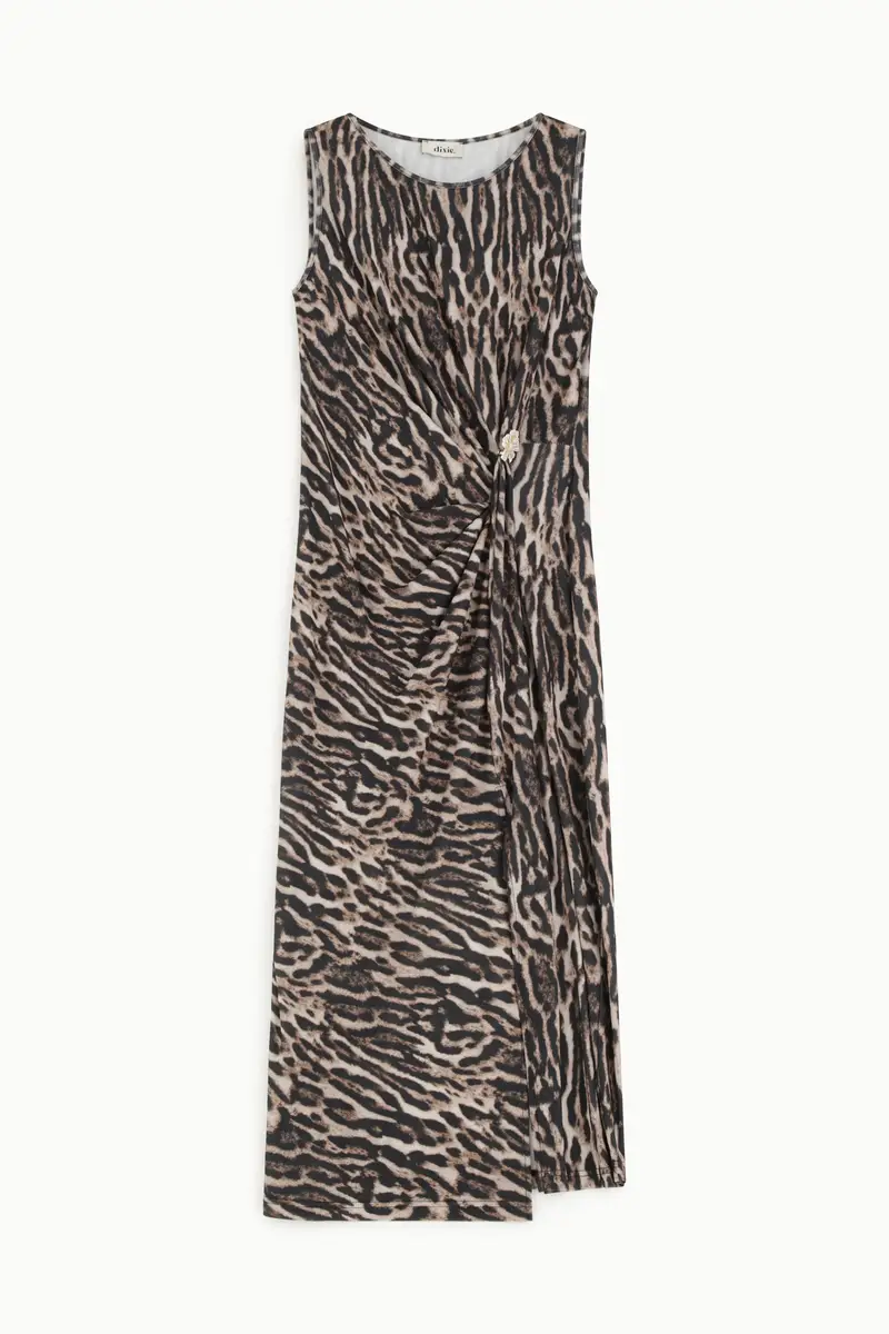 Abito midi smanicato con arricciatura laterale