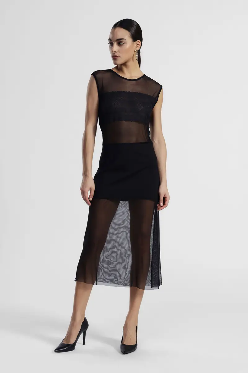 Abito midi smanicato con inserti trasparenti miniatura 2