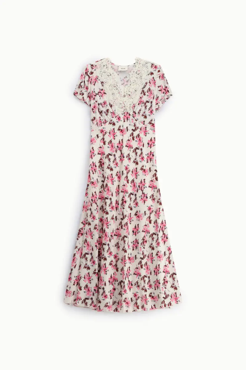 Abito midi stampa floreale con scollo a v in pizzo